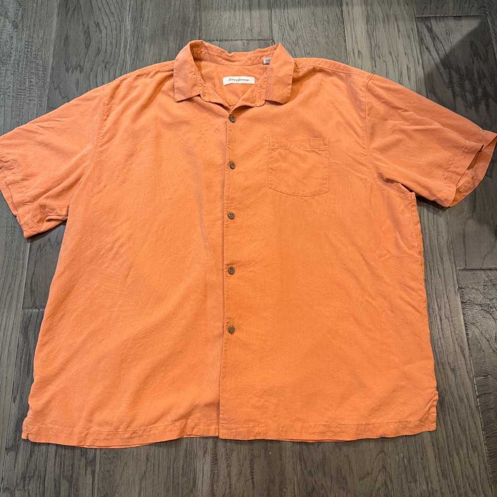 Tommy Bahama XXL Mens Shirt Button Up Silk Orange Tropical Palm Casual